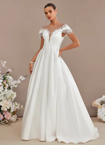 A-line Scoop Illusion Chapel Train Lace Satin Wedding Dress With Beading Sequins 