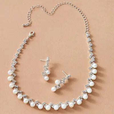 Elegant Pearl Zircon Wedding Earrings Necklace Jewelry Sets (Set of 2) 
