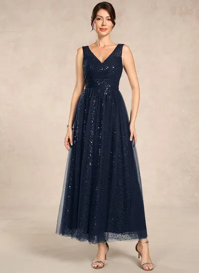 A-line V-Neck Sequins Tulle Dress