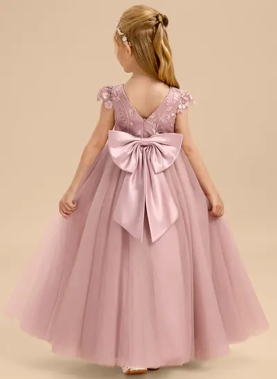 A-linja pyöreä kaula-aukko lattiaa hipova pituus satiini tylli pitsi kukka tyttö mekot jossa keula 