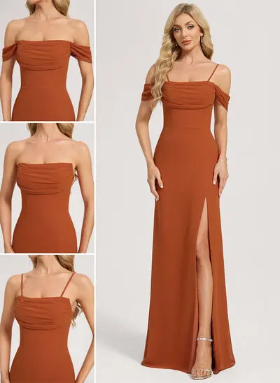 Sheath/Column Cold Shoulder Off the Shoulder Straight Floor-Length Chiffon Bridesmaid Dress 