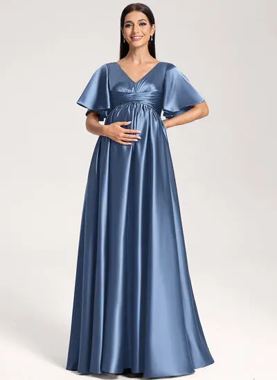 A-Linien-Kleid V-Ausschnitt Bodenlang Stretch-Satin Umstandskleider mit Rüschen 