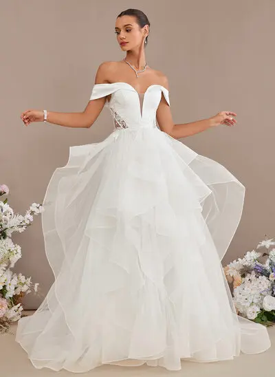 Ball-Gown/Princess Off the Shoulder Sweep Train Satin Tulle Lace Wedding Dress With Sequins 