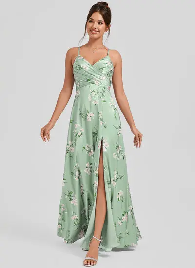 Robe de demoiselle d'honneur trapèze col v longueur ras du sol satin mat 