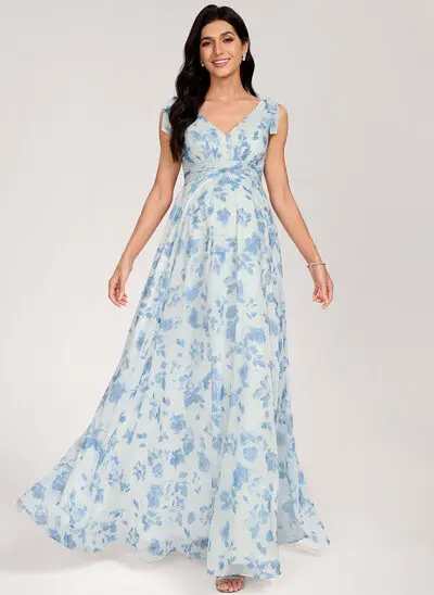 Kjole med A-linje V-hals Gulvlængde Chiffon Graviditetskjoler med Sløjfe Flæsekanter 