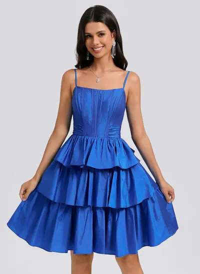 Vestido linha-a quadrada curto tafetá vestido de formatura com arco pregueado 