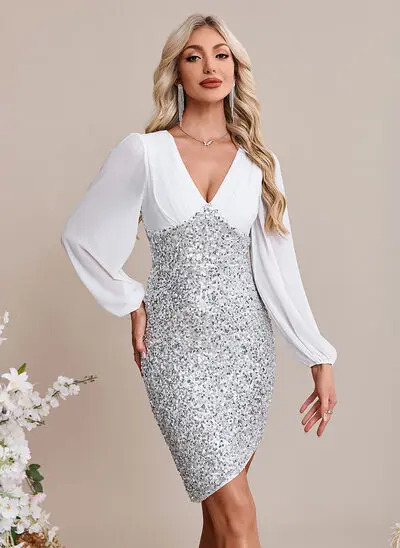 Bodycon V-Neck Knee-Length Asymmetrical Sequin Chiffon Wedding Dress 