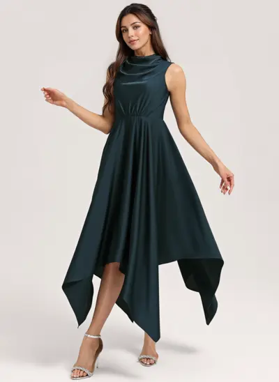 A-line High Neck Asymmetrical Matte Satin Bridesmaid Dress 