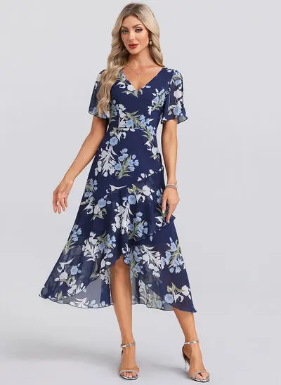 A-line V-Neck Asymmetrical Tea-Length Chiffon Cocktail Dress With Ruffle Floral Print 
