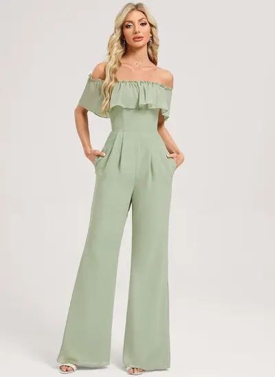 Off the Shoulder Ruffle Chiffon Jumpsuit