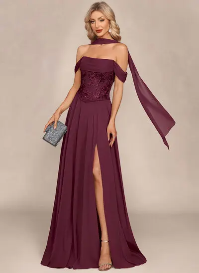 Off the Shoulder Pleated Chiffon Maxi Dress