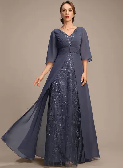 A-line V-Neck Floor-Length Lace Chiffon Mother of the Bride Dress With Pleated 