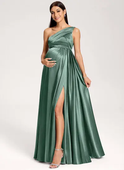 A-Linien-Kleid One-Shoulder Bodenlang Stretch-Satin Umstandskleider mit Rüschen 
