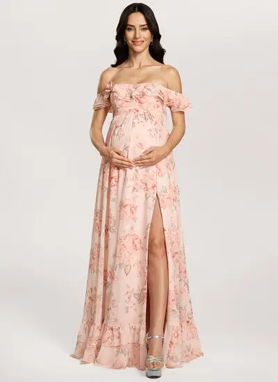 A-line Off the Shoulder Ruffle Chiffon Maternity Dress