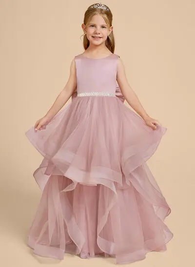 Ball-Gown/Princess Scoop Floor-Length Satin Tulle Flower Girl Dress With Bow Sash Beading 
