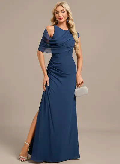 Robe de soirée trapèze col rond longueur ras du sol mousseline avec plissée 