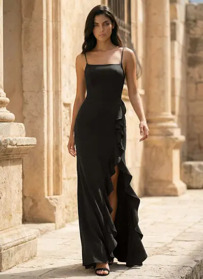 Vestido corte recto con escote cuadrado tirantes finos volantes de crepé elástico