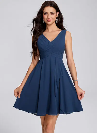 A-line V-Neck Short Chiffon Homecoming Dress With Bow Ruffle Ruched 