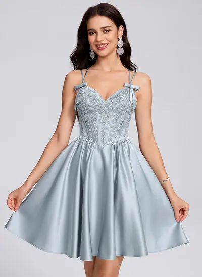 A-line V-Neck Short Lace Satin Homecoming Dress With Bow Rhinestone Sequins 