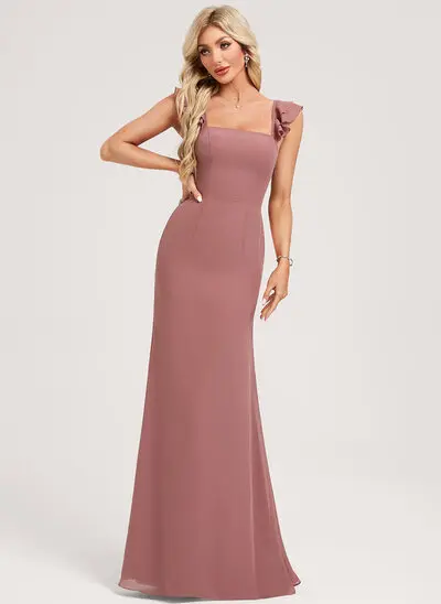 Trumpet/Mermaid Square Floor-Length Chiffon Bridesmaid Dress With Bow Cascading Ruffles 