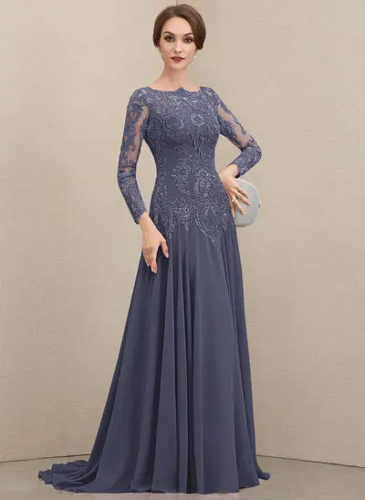 Línea a escote redondo barrer/cepillo tren encaje gasa vestido de madrina con lentejuelas 