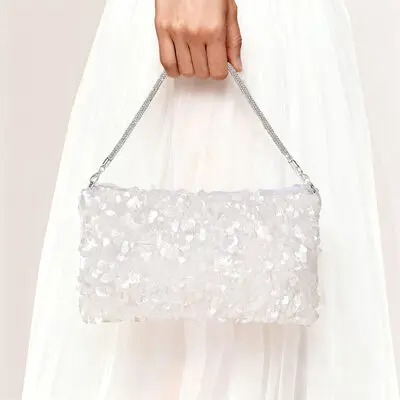 Sequin Elegant Wedding Prom Evening Satin Evening Bags in White 