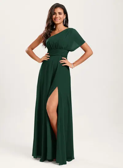 A-line One Shoulder Ruffle Chiffon Dress