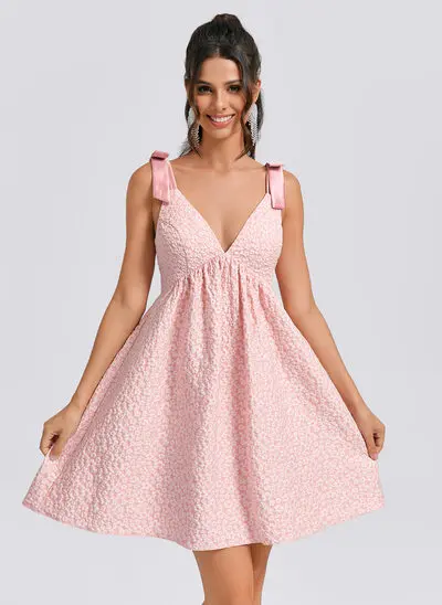 Vestido linha-a decote em v curto jacquard vestido de formatura 
