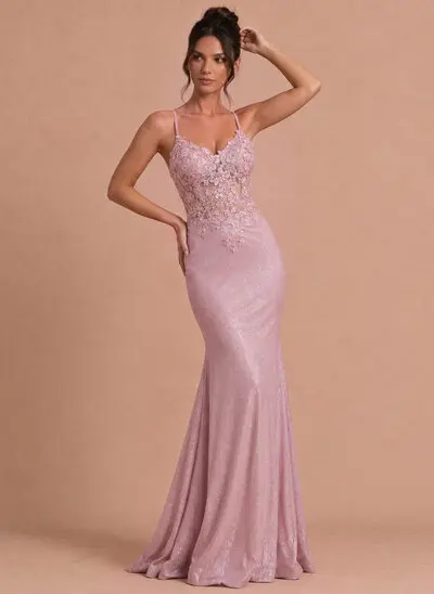 Robe sirène à col en v à fines bretelles avec paillettes en tricot métallisé