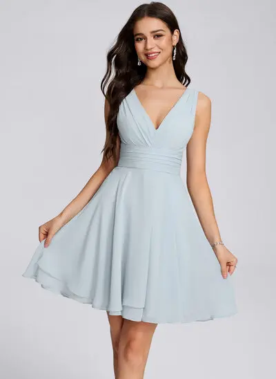 A-line V-Neck Asymmetrical Chiffon Homecoming Dress With Ruched 
