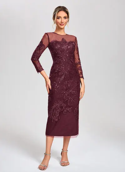 Sheath/Column Scoop Illusion Tea-Length Tulle Lace Cocktail Dress With Sequins 