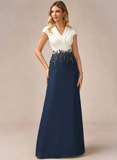 A trapezio con colletto scollatura a v a terra chiffona pizzo abito da sera con strass 