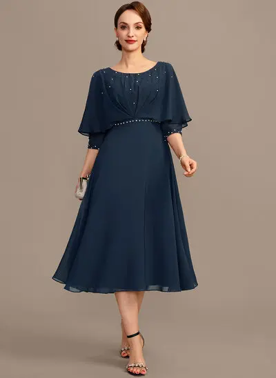 A-line Scoop Tea-Length Chiffon Mother of the Bride Dress With Pleated Beading 