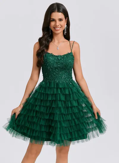 De baile/princesa decote redondo curto renda tule vestido de formatura com beading lantejoulas 