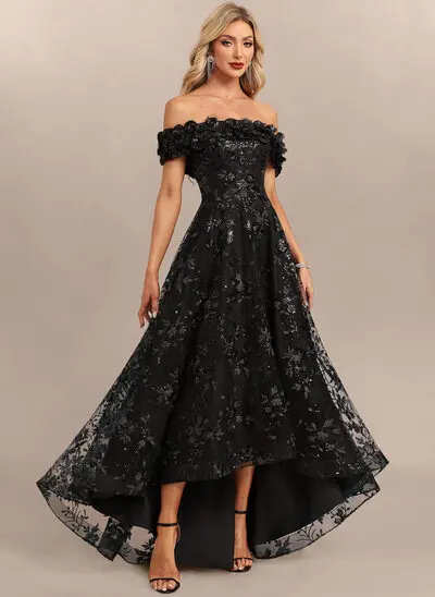 Vestido maxi con hombros descubiertos flores 3d de tul