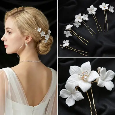 Tocado de boda perla flores horquillas para el pelo (juego de 5)