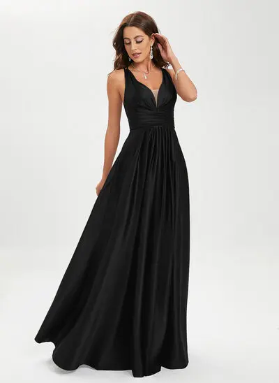 A-line V-Neck Floor-Length Satin Prom Dresses 