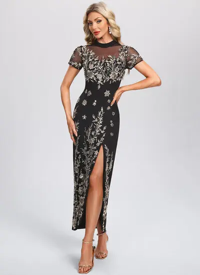 Sheath/Column High Neck Illusion Ankle-Length Tulle Stretch Crepe Cocktail Dress With Sequins 