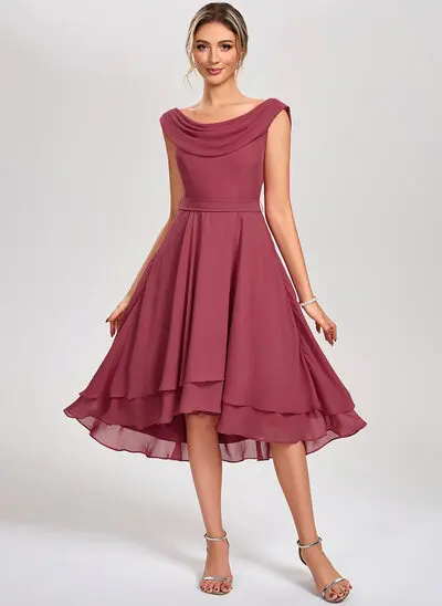 Línea a escote drapeado asimétrico hasta la rodilla gasa vestidos de cóctel con plisado 