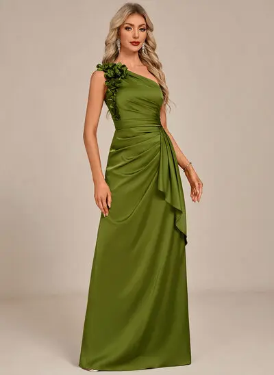 One Shoulder 3D Floral Acetate Satin Maxi Dress
