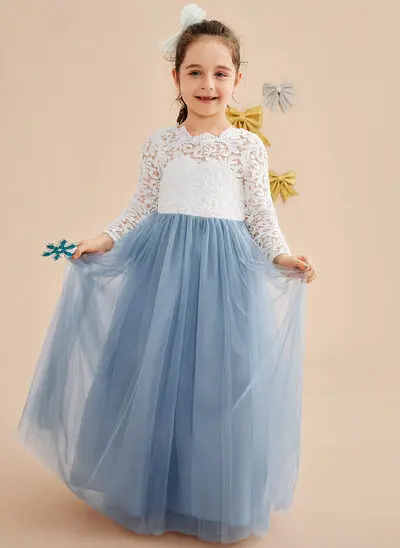 Ball-Gown/Princess Scoop Floor-Length Tulle Lace Flower Girl Dress With Bow 