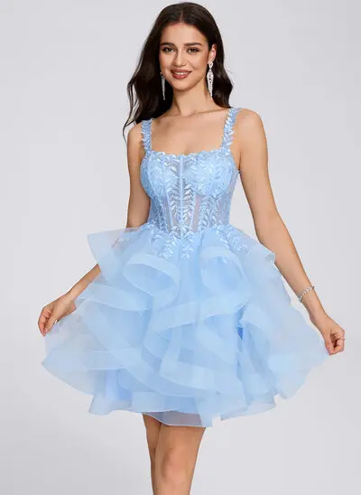 Ball-Gown/Princess Square Short Tulle Lace Homecoming Dress With Ruffle Sequins 