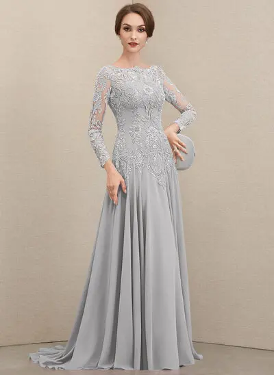 A-линии Совок шеи Sweep/Щетка поезд кружевной Шифон Платье Для Матери Невесты с блестки 