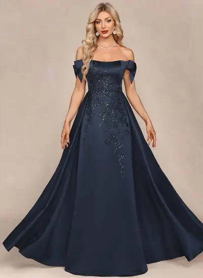 A trapezio fuori dalla spalla staccabile a terra raso abito da sera con sopragonna lustrini di appliques pizzo fiocco 