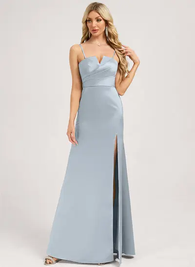 Robe de demoiselle d'honneur trapèze col v longueur ras du sol satin 