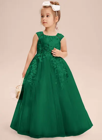 A-line Scoop Floor-Length Tulle Flower Girl Dress With Sequins Cape 