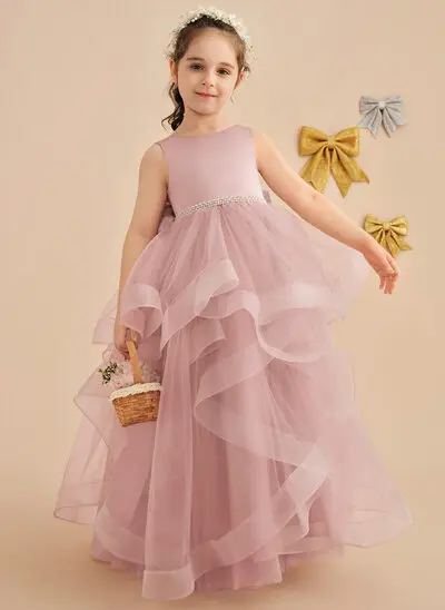 Ball-Gown/Princess Scoop Floor-Length Satin Tulle Flower Girl Dress With Bow Sash Beading 