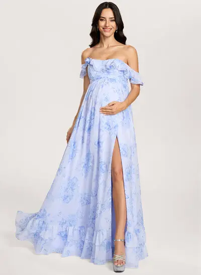 A-line Off the Shoulder Ruffle Chiffon Maternity Dress