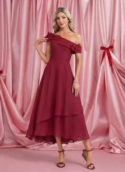 A trapezio monospalla asimmetrico midi chiffon abito da cocktail con perline fiori 3d 
