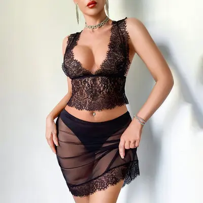 Lingerie Tank Set V Neck Eyelash Lace Mesh Mini Skirt
